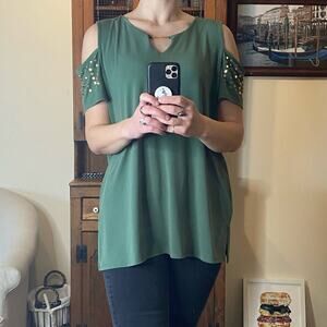JM Collection green cold shoulder short sleeve studded top